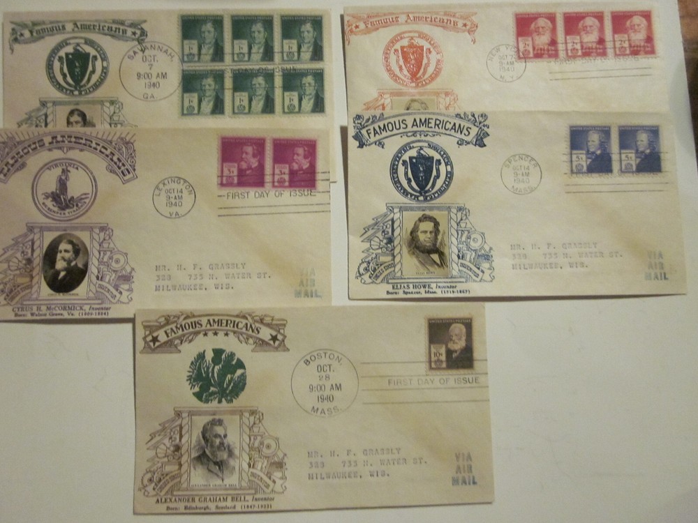 Complete set of 5 American Inventors Crosby Airmail FDCs 889-893 with Photo Cachet  