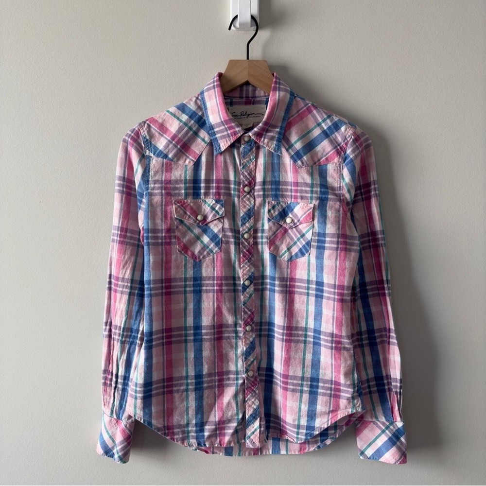 True Religion 100% Cotton Plaid Button Down Shirt Marble Snaps collar western Xs