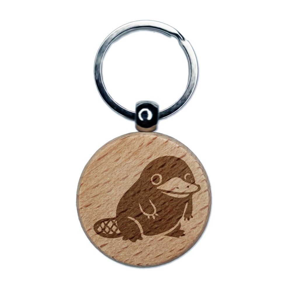 Cute Weird Duck Billed Platypus Engraved Wood Round Keychain Tag Charm