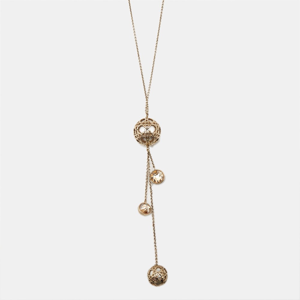 Dior Cannage Gold Tone Long Necklace with Faux Pearls and Crystals