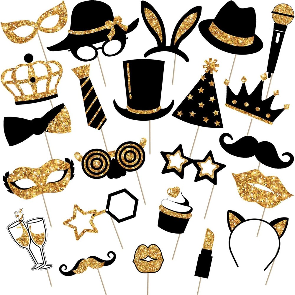 24 Pieces Funny Photo Booth Props for New Years Eve Party Supplies Golden