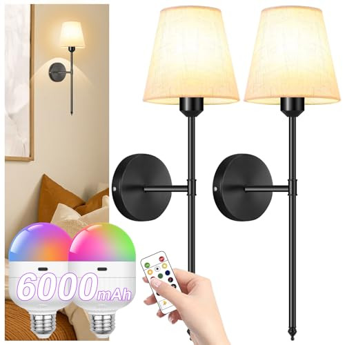 Wall Sconces Set of Two Battery 6000mAh 2700K-6000K RGB Bulb Modes Wall Lamp ...
