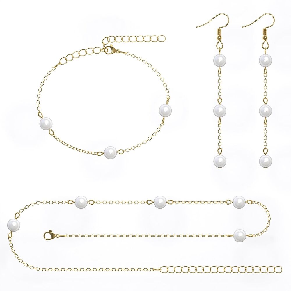Pearl Necklace Set, Gold Plated Pearl Jewelry Set-Necklace, Bracelet & Earrin...