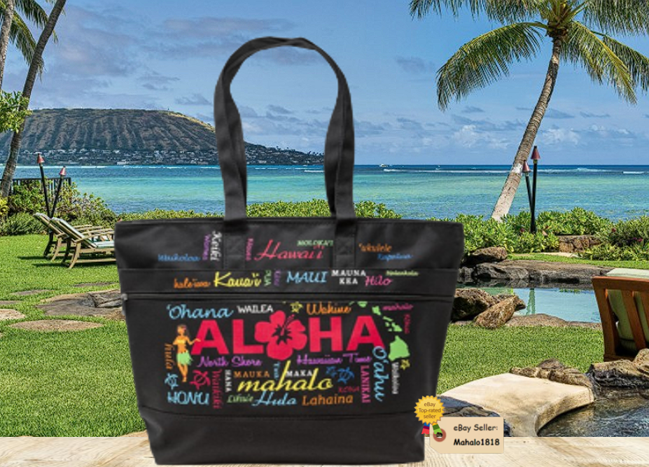 Hawaii Exclusive Aloha Words Black Island Accent Tote Bag