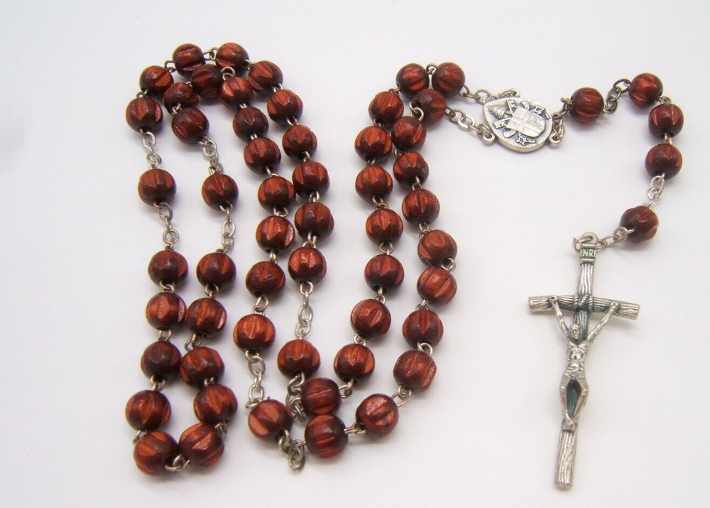 VTG Italian Carved Wood Rosary with Papal Insignia 18.5 Inches-image