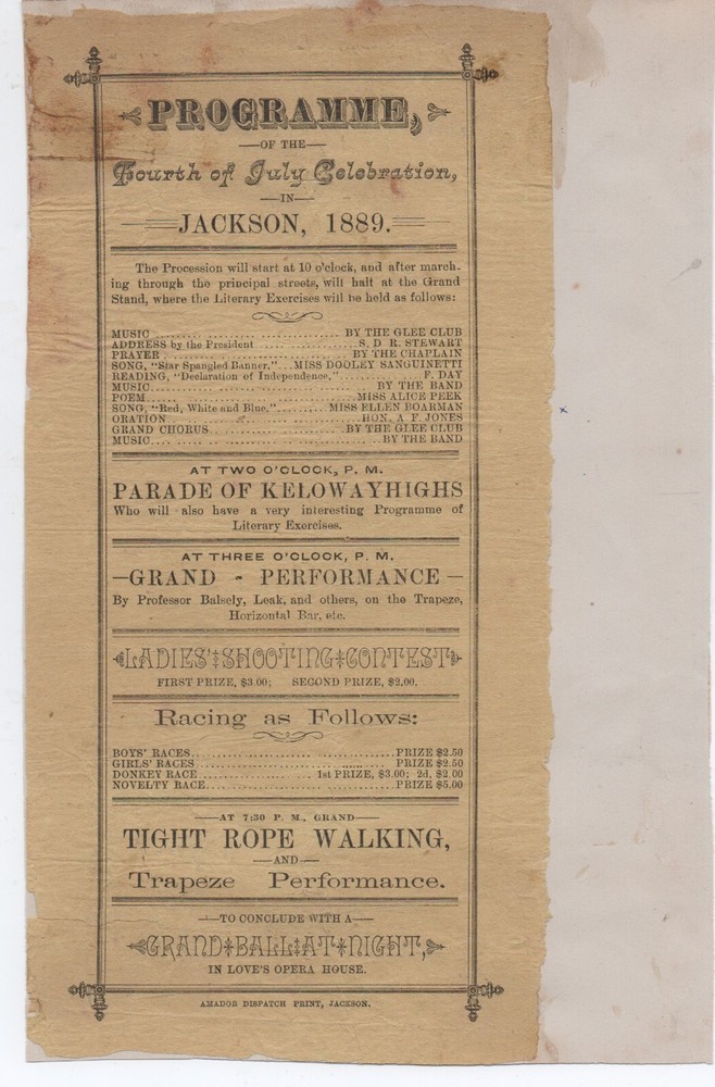 Two 1880s Programs 4th of July Celebration & Concert  Jackson Amador County CA
