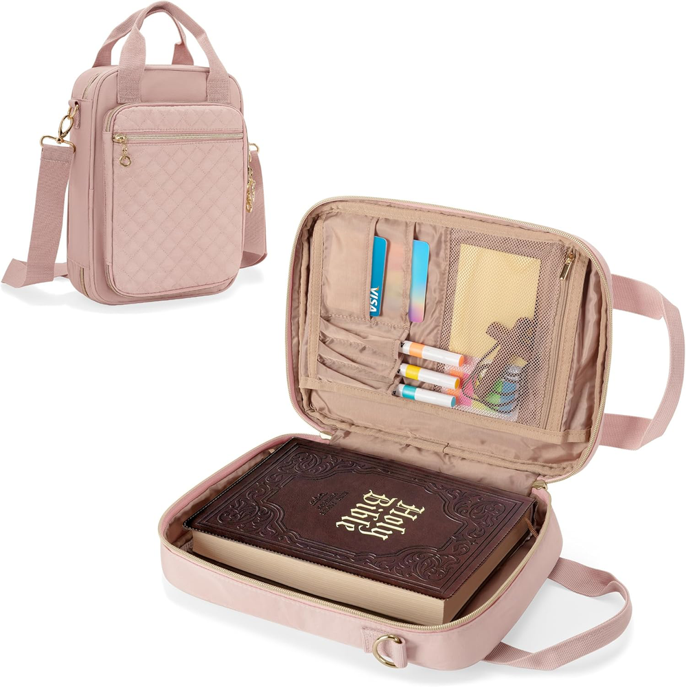 Bible Cover Case for Women Men, Quilted Pink Church Bag with Shoulder Strap