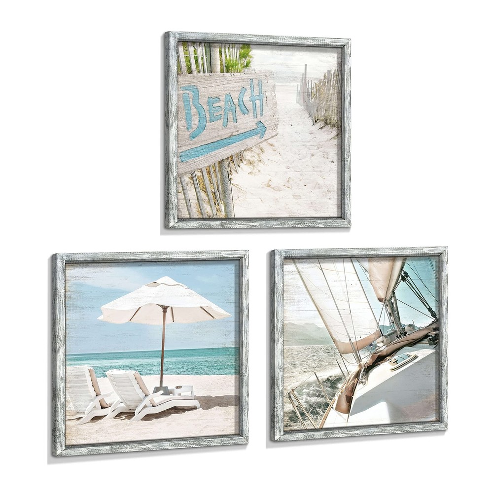 Beach Framed Wooden Wall Art: Ocean Pictures Coastal Art Prints Seaside Artwo...
