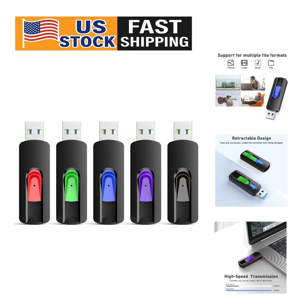 5 Pack 64GB USB 3.0 Flash Drives - High-Speed Retractable Thumb Drives for Fast Data Storage