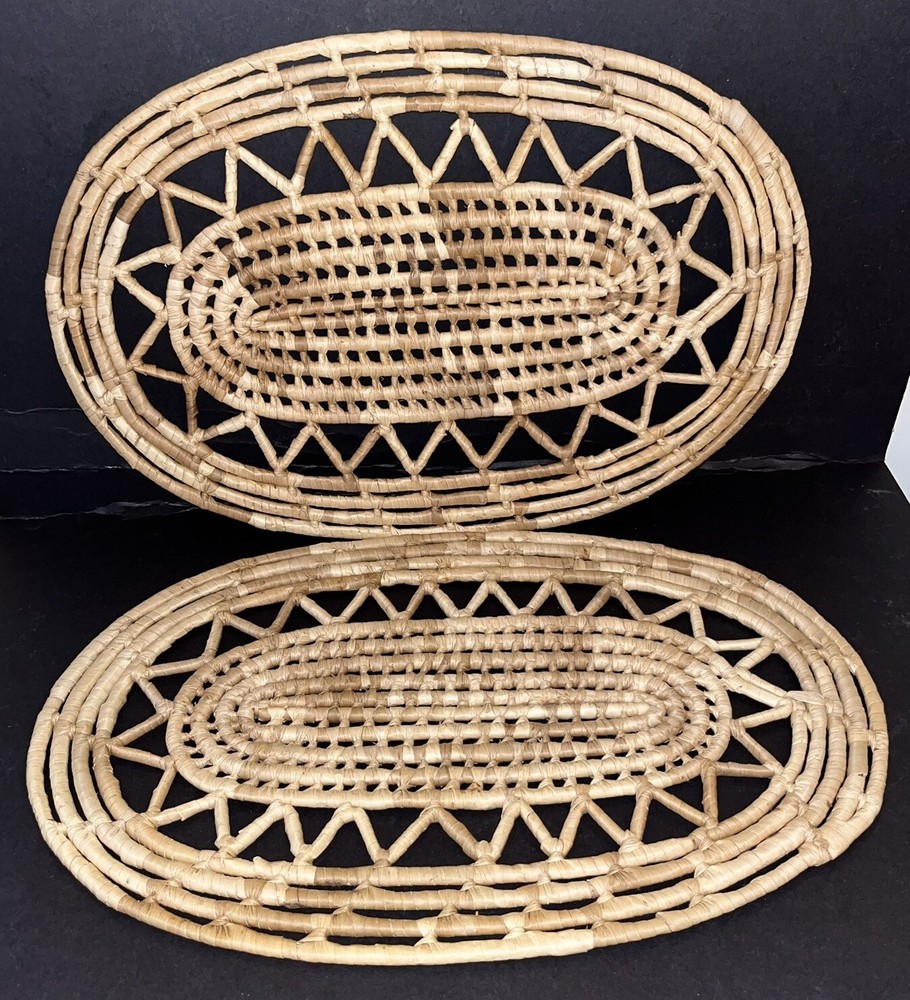 2 Oval Straw Trivets Hot Pads Woven Rattan Raffia Boho Retro 17 x 11.5
