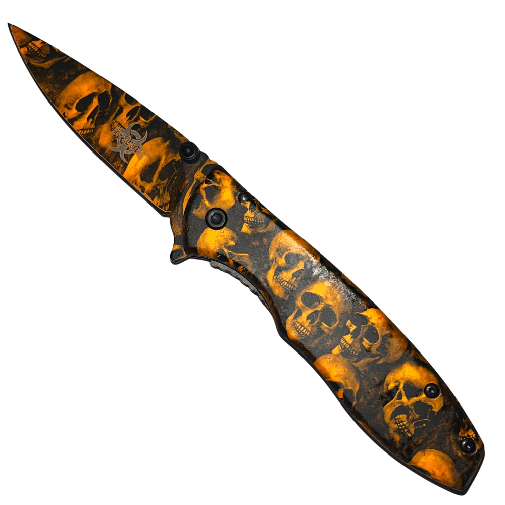 Spring Assisted Open Pocket Knife Skulls Tactical Hunting EDC Camping Orange