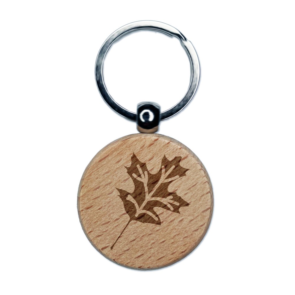 Oak Leaf Engraved Wood Round Keychain Tag Charm