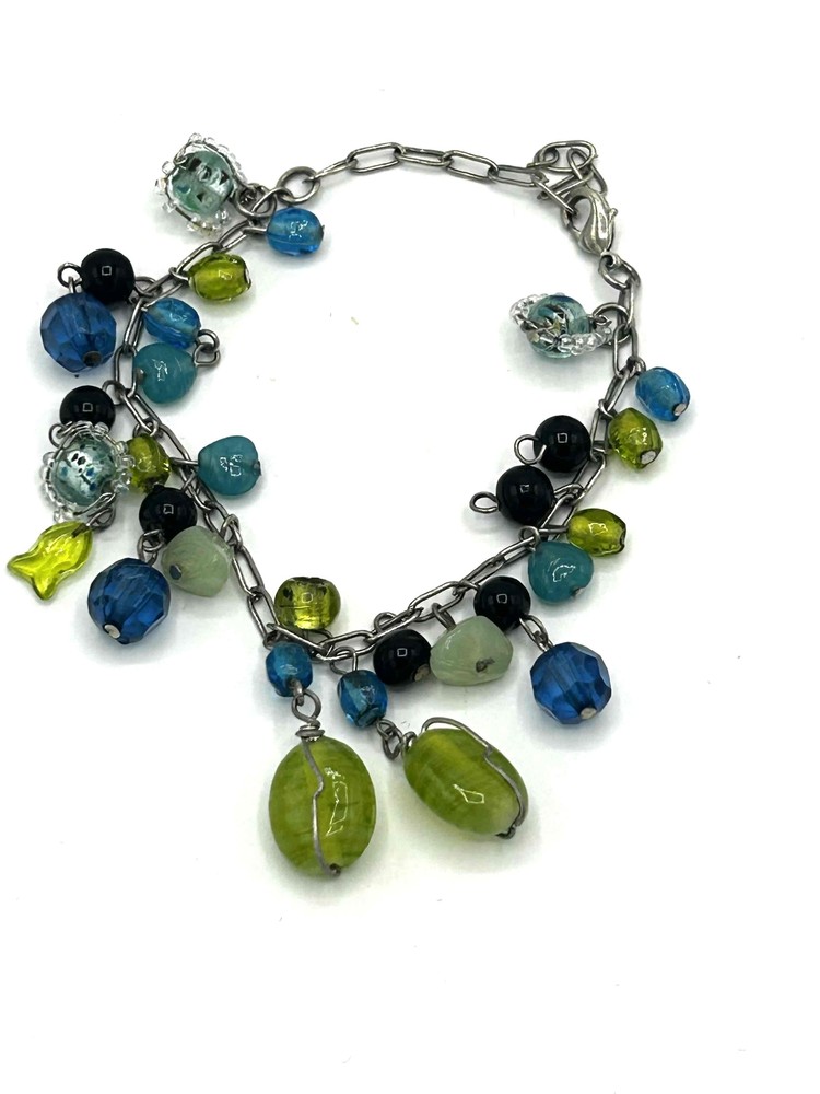 Glass Bead Multicolor Chain Link Charm Lobster Clasp Bracelet