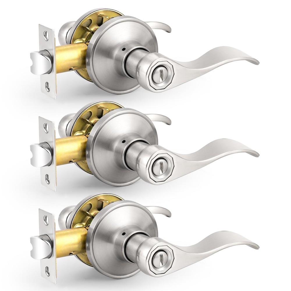 Wave Style Privacy Door Handles Interior Brushed Nickel Door Lever Lock Keyle...