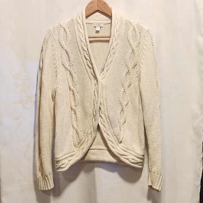 Charter Club Women's Size P/L Cardigan Sweater Off White Cable Knit Long Sleeve