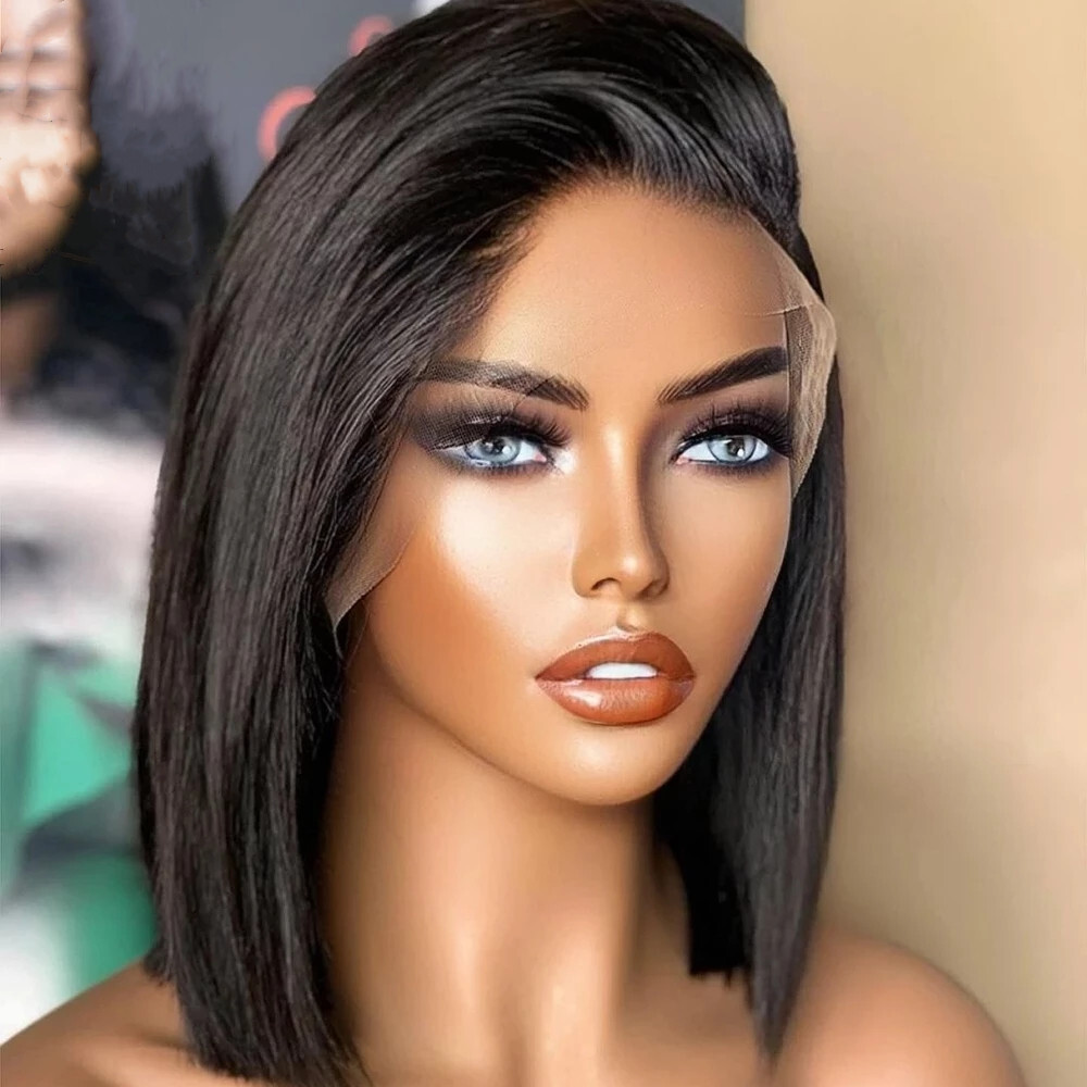 Short Black Straight Human Hair Bob Lace Front Wig Glueless Remy