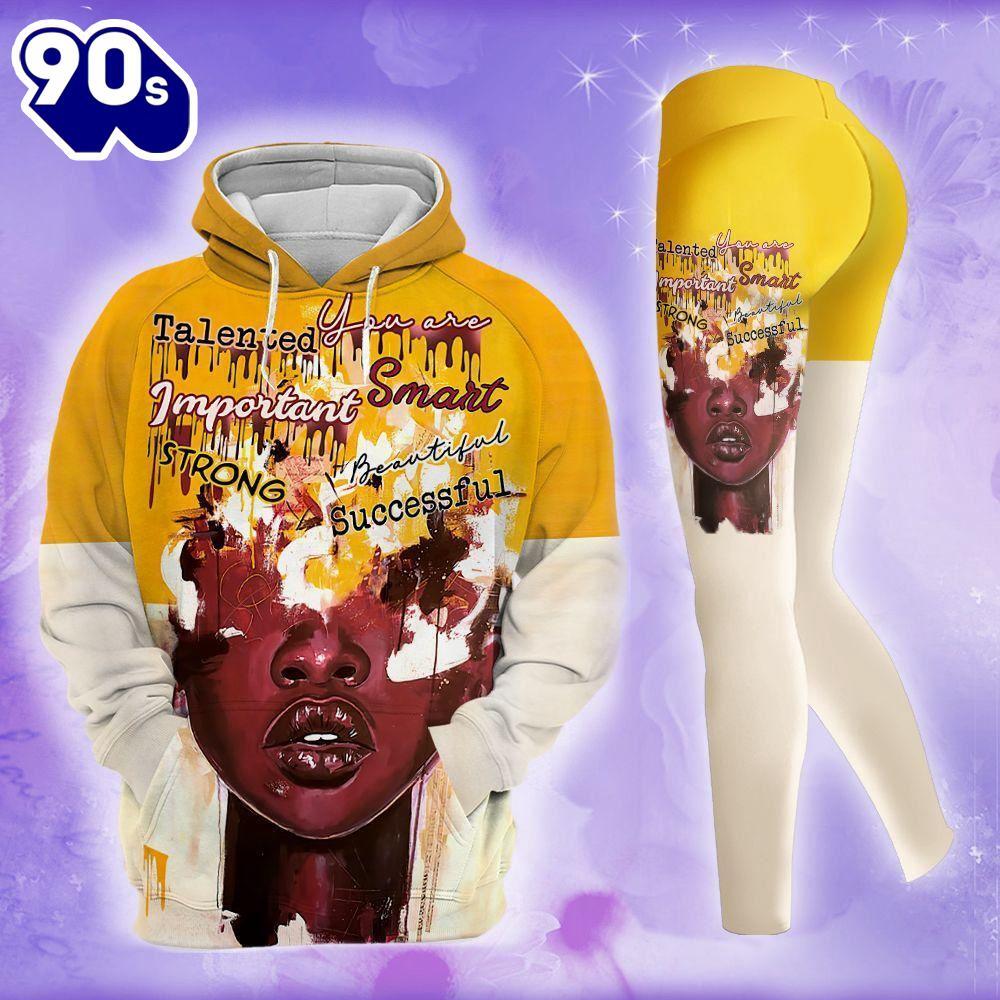 Black Girl All Over Print Leggings Hoodie Set Outfit For Women Yellow -