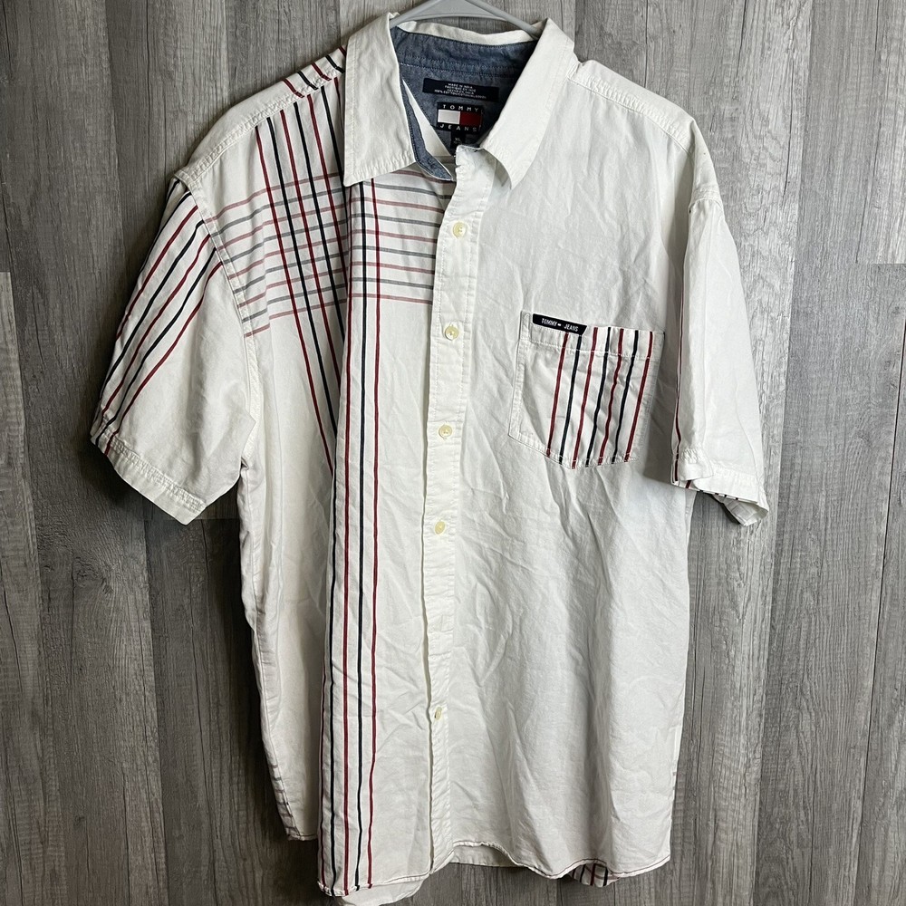 TOMMY HILFIGER Men's XL Striped Short Sleeve Button-Up Shirt Tommy Jeans Collection