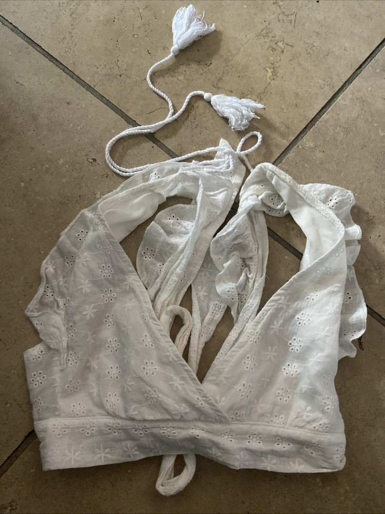 Shein Bra Crop Top Women's Size Medium White Floral Applique Tie Back