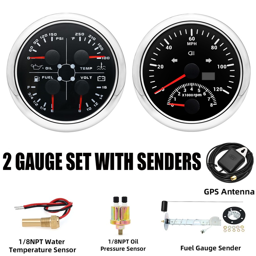 85mm 2 Gauge Set with GPS Speedometer 0-120MPH Tachometer Fuel Oil Temp Volt