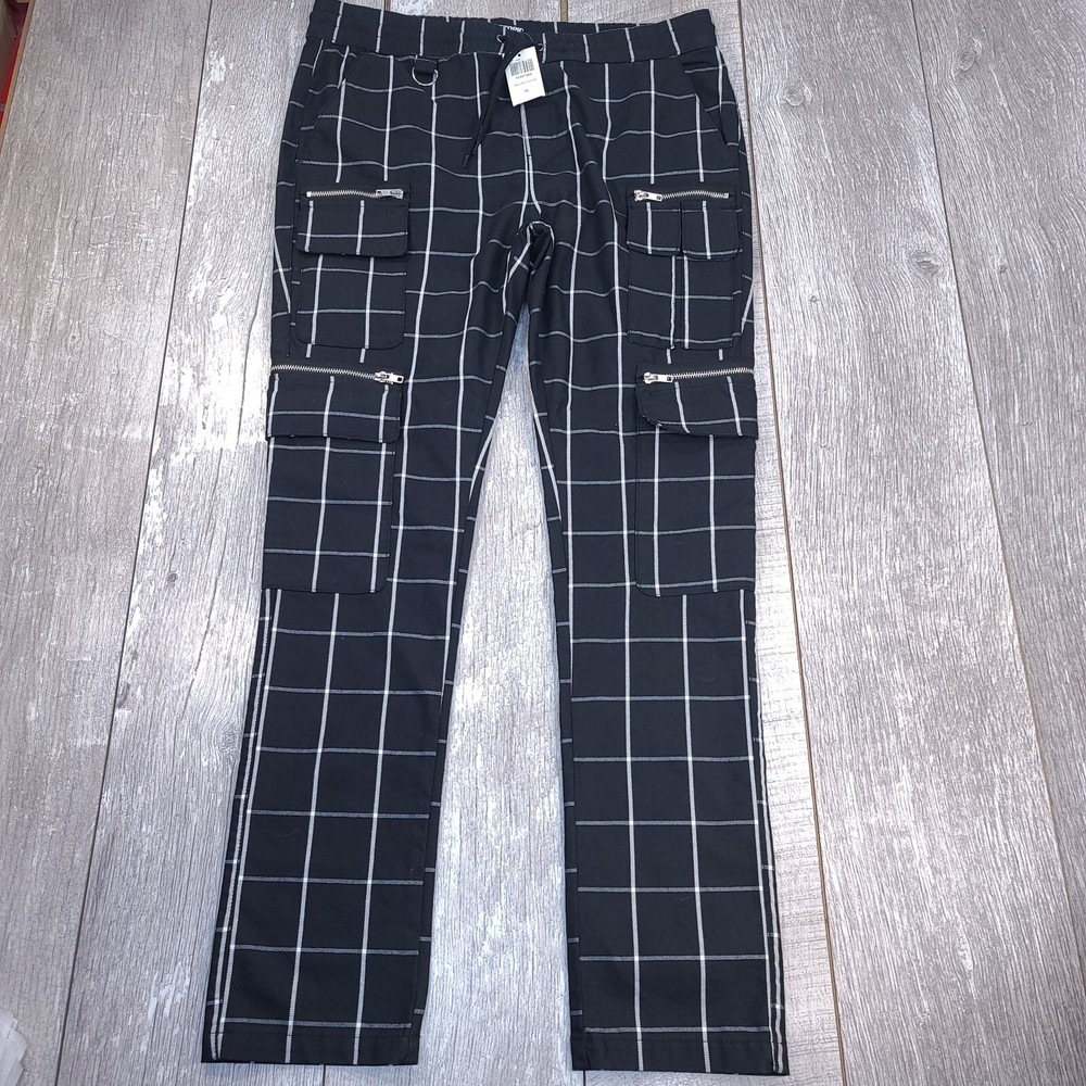 Hot Topic Mens Grid Cargo Pants Size XL Black White Skinny Bondage Goth Biker