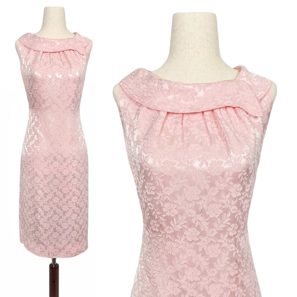 1960s Shift Dress 60s Vintage Pink Brocade Wing MCM Atomic Cocktail S/M Vtg Mod