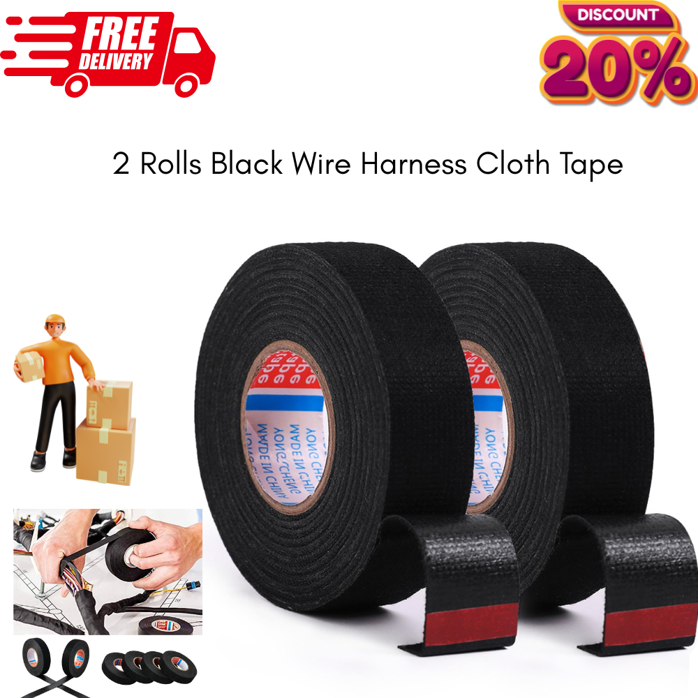 2 Rolls 15mm x 50Ft Black Wire Harness Cloth Tape Free Shipping
