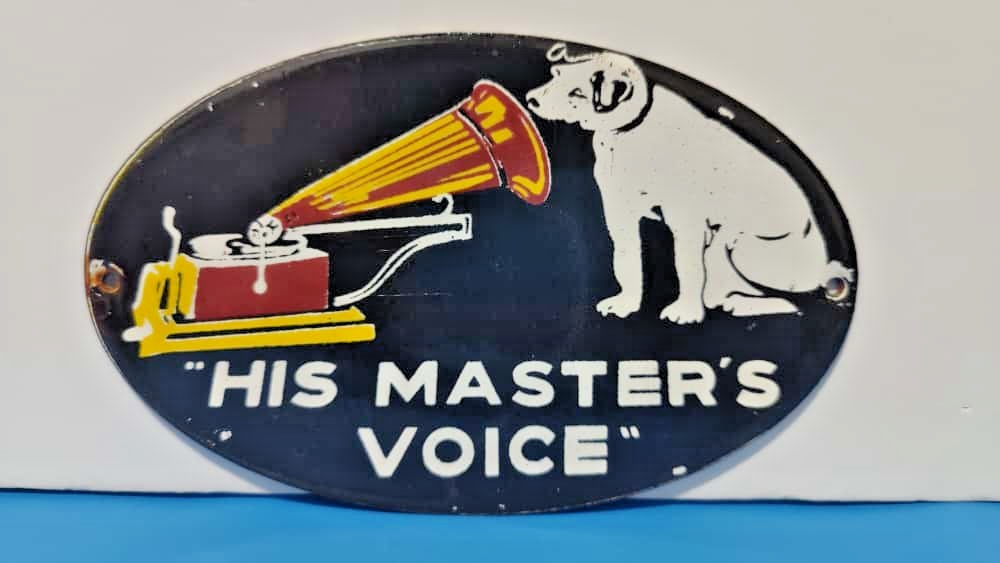 VINTAGE HMV MUSIC RECORD LABEL PORCELAIN ENAMEL RADIO SIGN SIZE 8