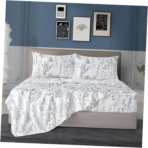 Floral Printed Sheet Set Deep Pocket Sheet Set Microfiber Full White Plants