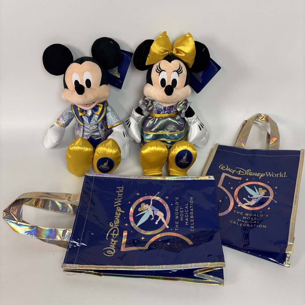 Disney World 50th Anniversary Mickey and Minnie Plush Set with Collectible Bag