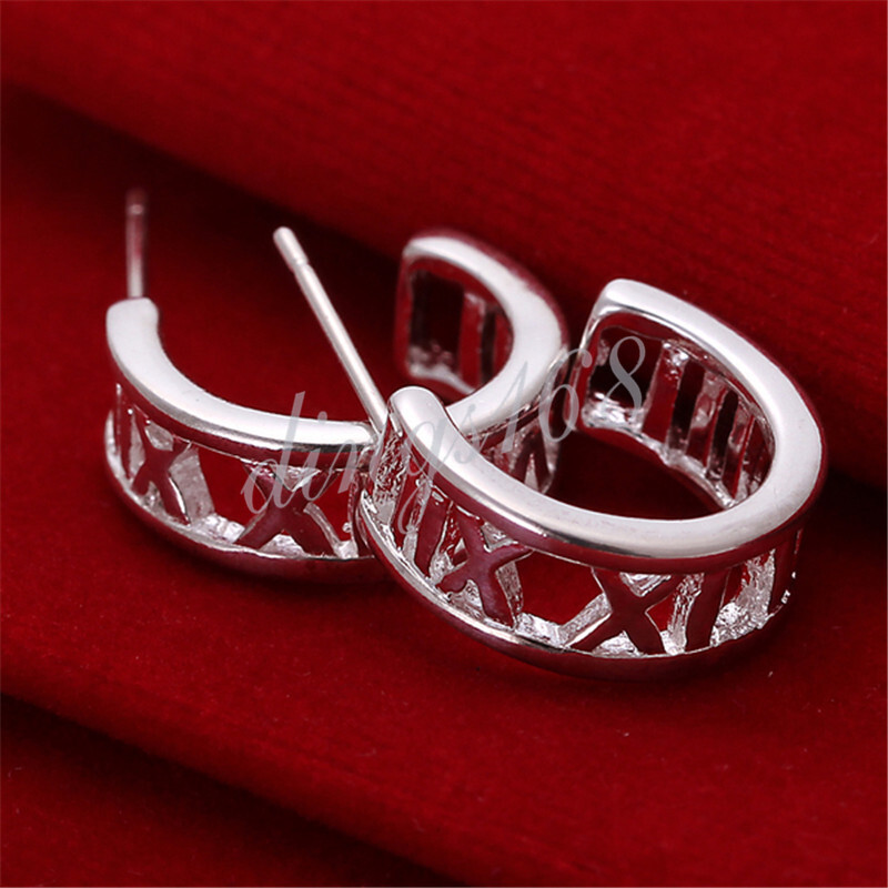 Genuine 925 Sterling Silver Roman Numerals 14*14mm Open Hoop Post Earrings A223