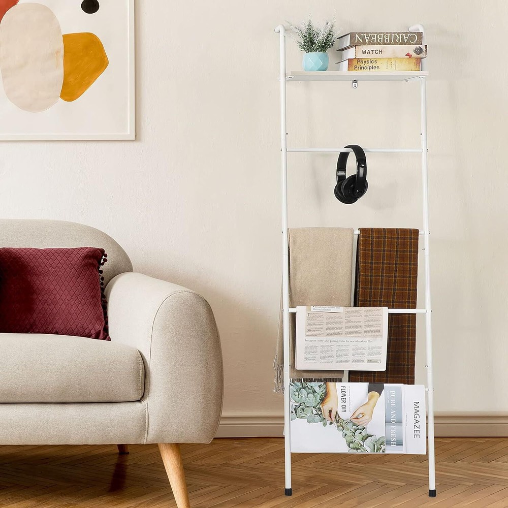 Blanket Ladder 5-Tier Wall-Leaning Ladder Bathroom Metal Ladder Shelf with Shelf