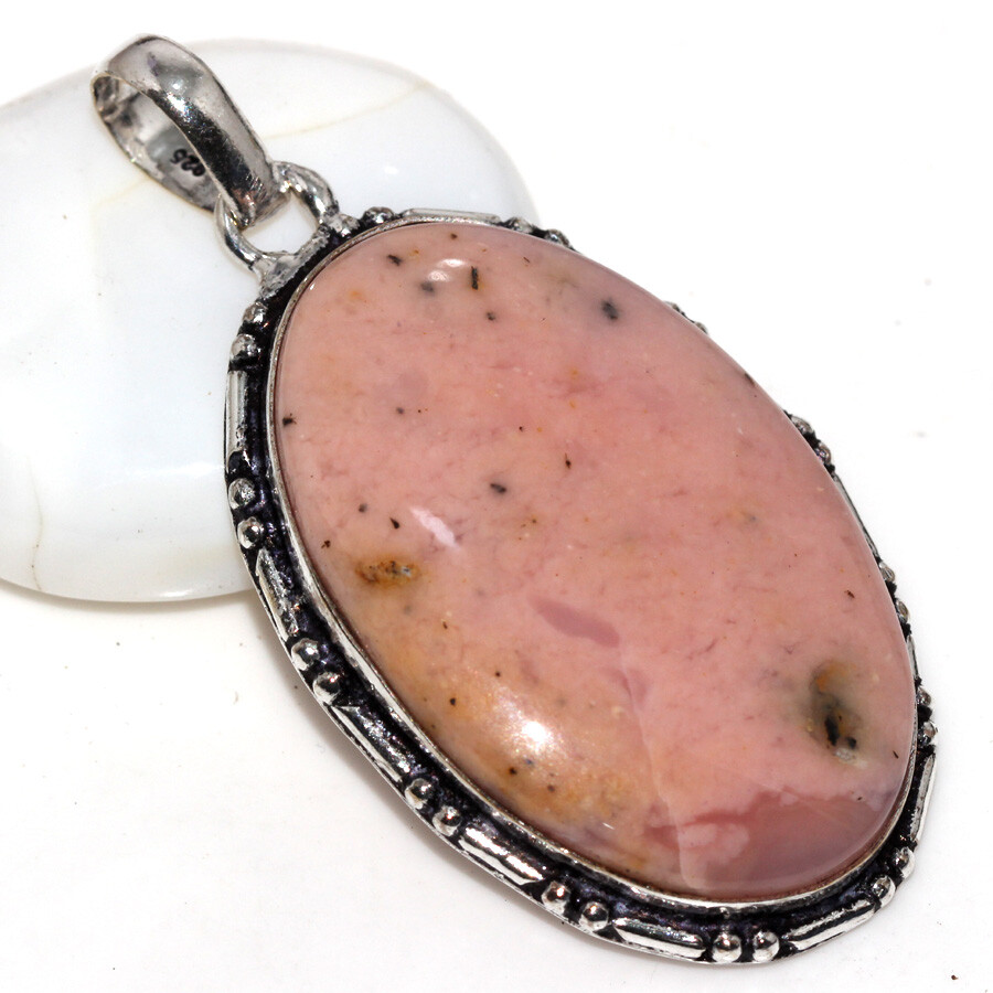 925 Silver Plated Peruvian Pink Opal Ethnic Pendant Jewelry Size 2