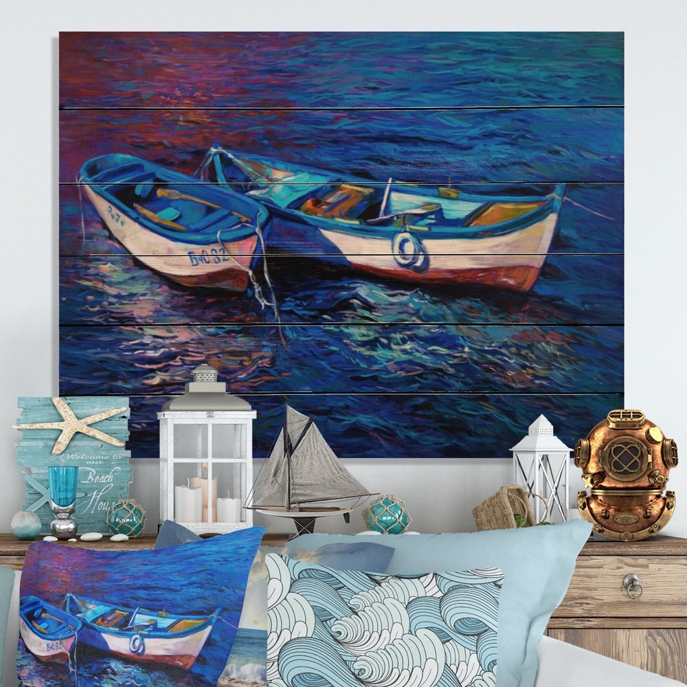 Designart 'Boats In Sea Painting IV' Nautical & Coastal Wood Wall Art Décor -