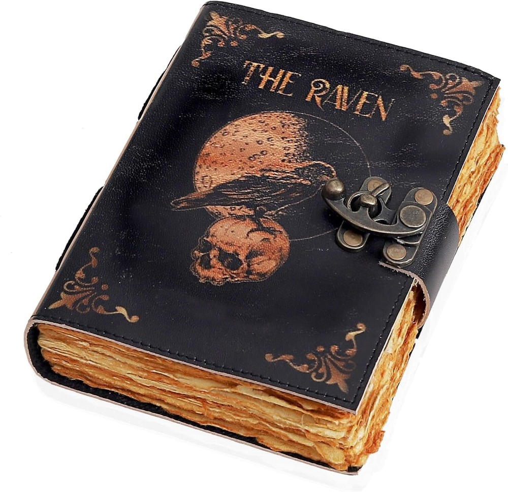 Leather Journal with Raven Skull Design Spiral Notebook Gothic Crow Notebook