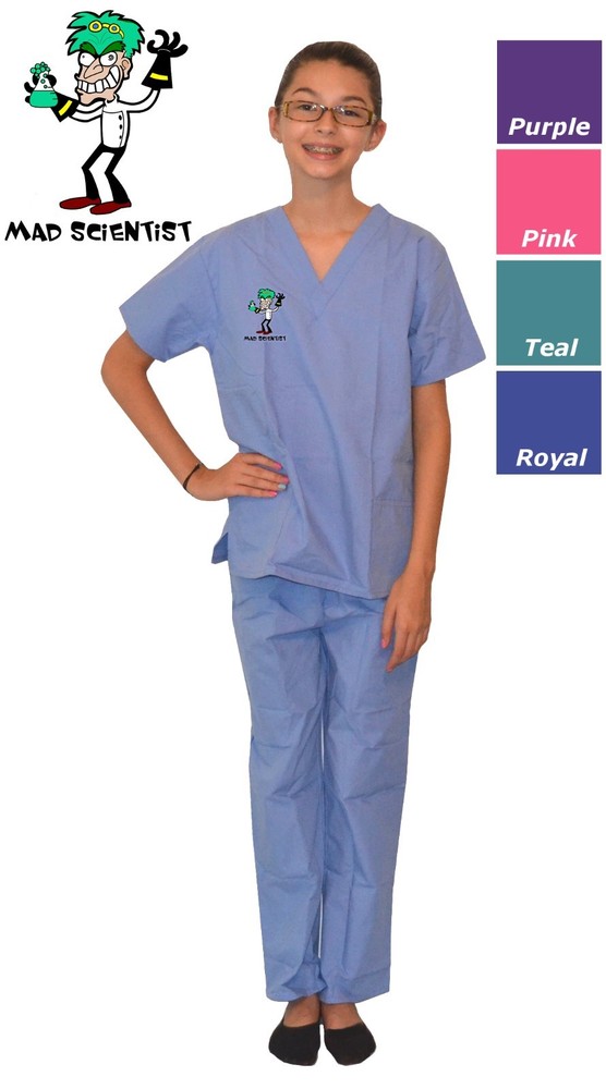 Kids Scrubs with Mad Scientist Embroidery Design Pink Blue Purple Green