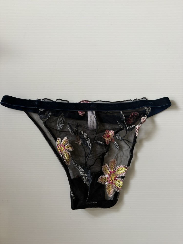 Serendipity Floral Embroidered Black Thong With Mesh Size 2