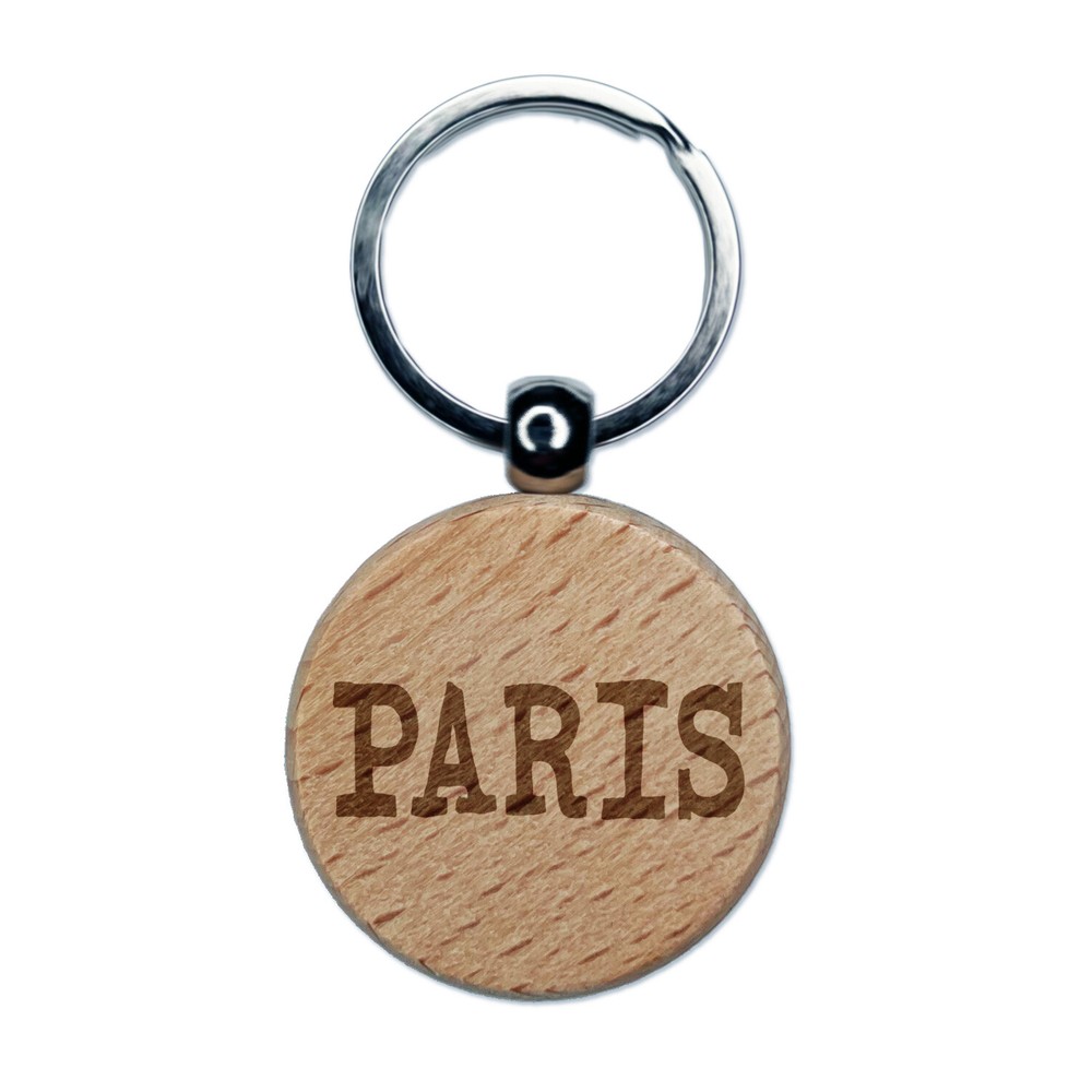 Paris Fun Text Engraved Wood Round Keychain Tag Charm