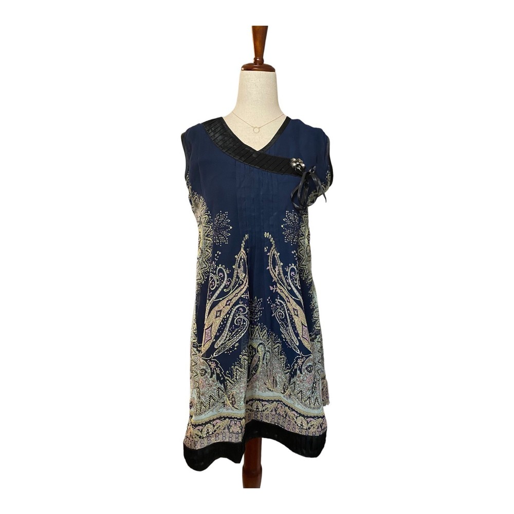 Unbranded Mini Shift Dress Women Size XXL Blue Black Paisley Ribbon Accents Bow