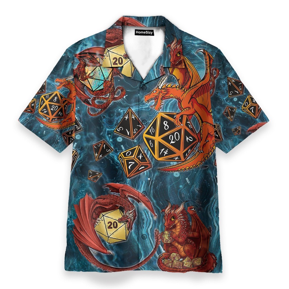 Dragon Playing Dice Blue Dungeons Dragons Game   Hawaiian Shirt