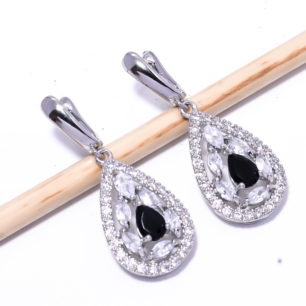 Black Onyx & Cubic Zirconia Gemstone 925 Sterling Silver Earring 1.64