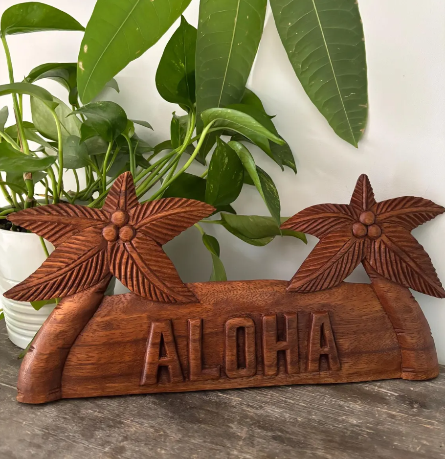 Hawaiian Hand Made Wall Hanging Decor Plaque Wood Carving Sign Palm Tree