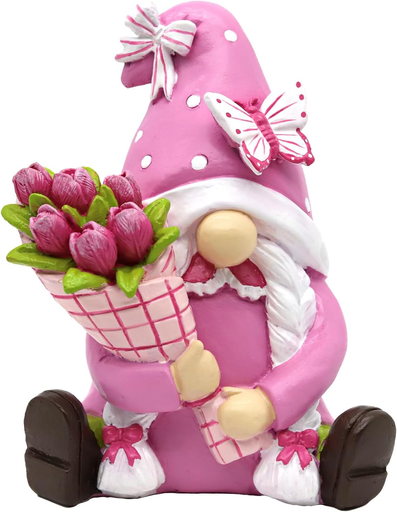 Spring Pink Gnome Figurine Decor- 5.7'' Waterproof Resin Garden Gnome Statues -