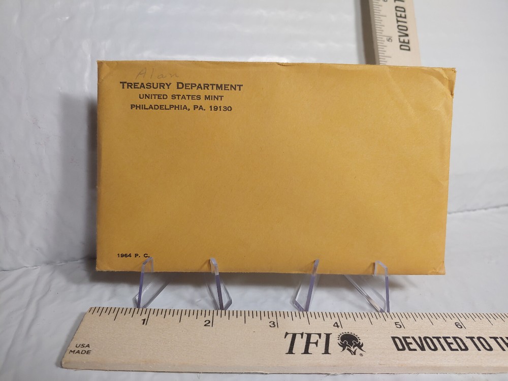1964 US Mint Proof Set 5 Coins 90% Silver Original Envelope & Cello Flat Pack