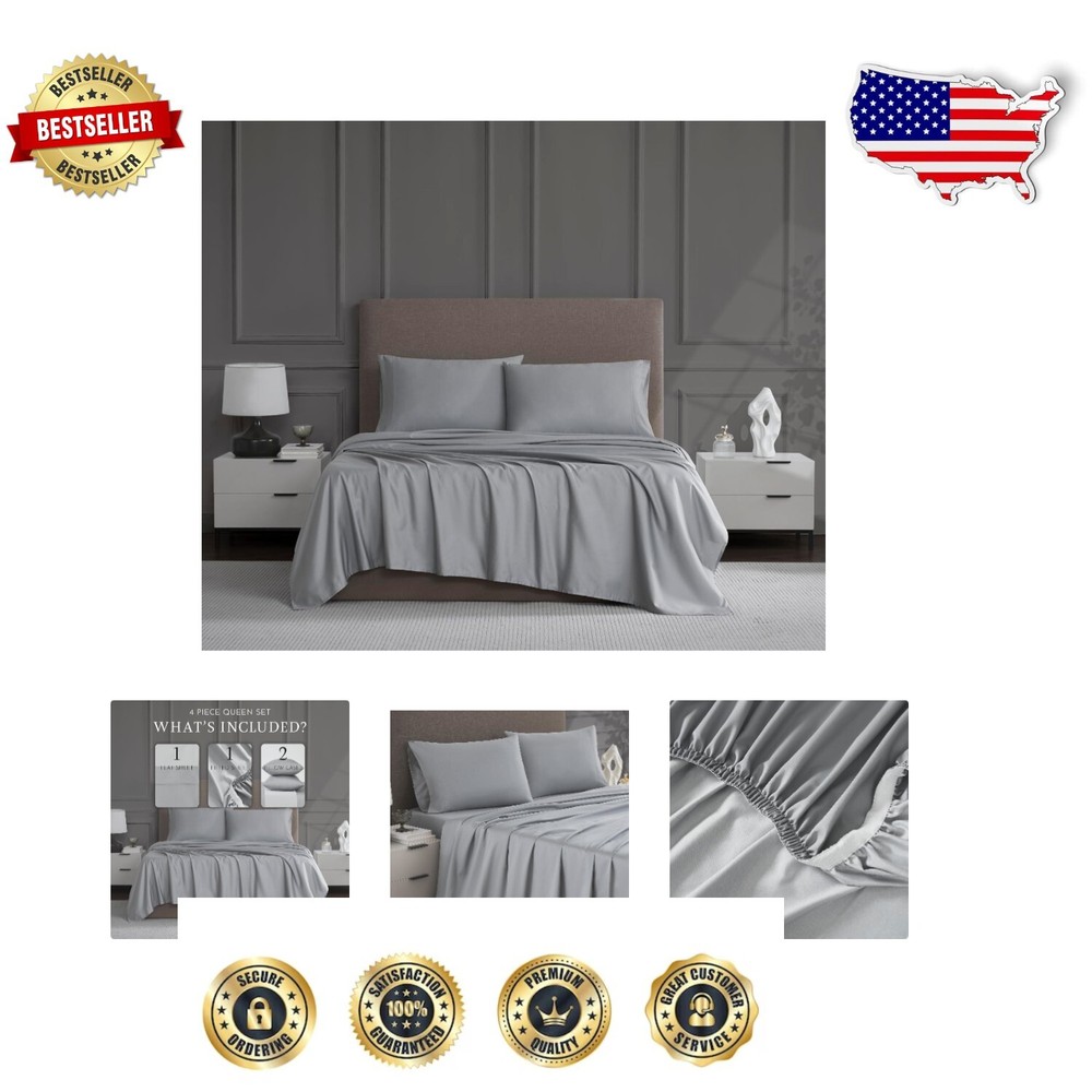 Deep Pocket 4-Piece Queen Sheet Set - Wrinkle Resistant Light Gray Luxury