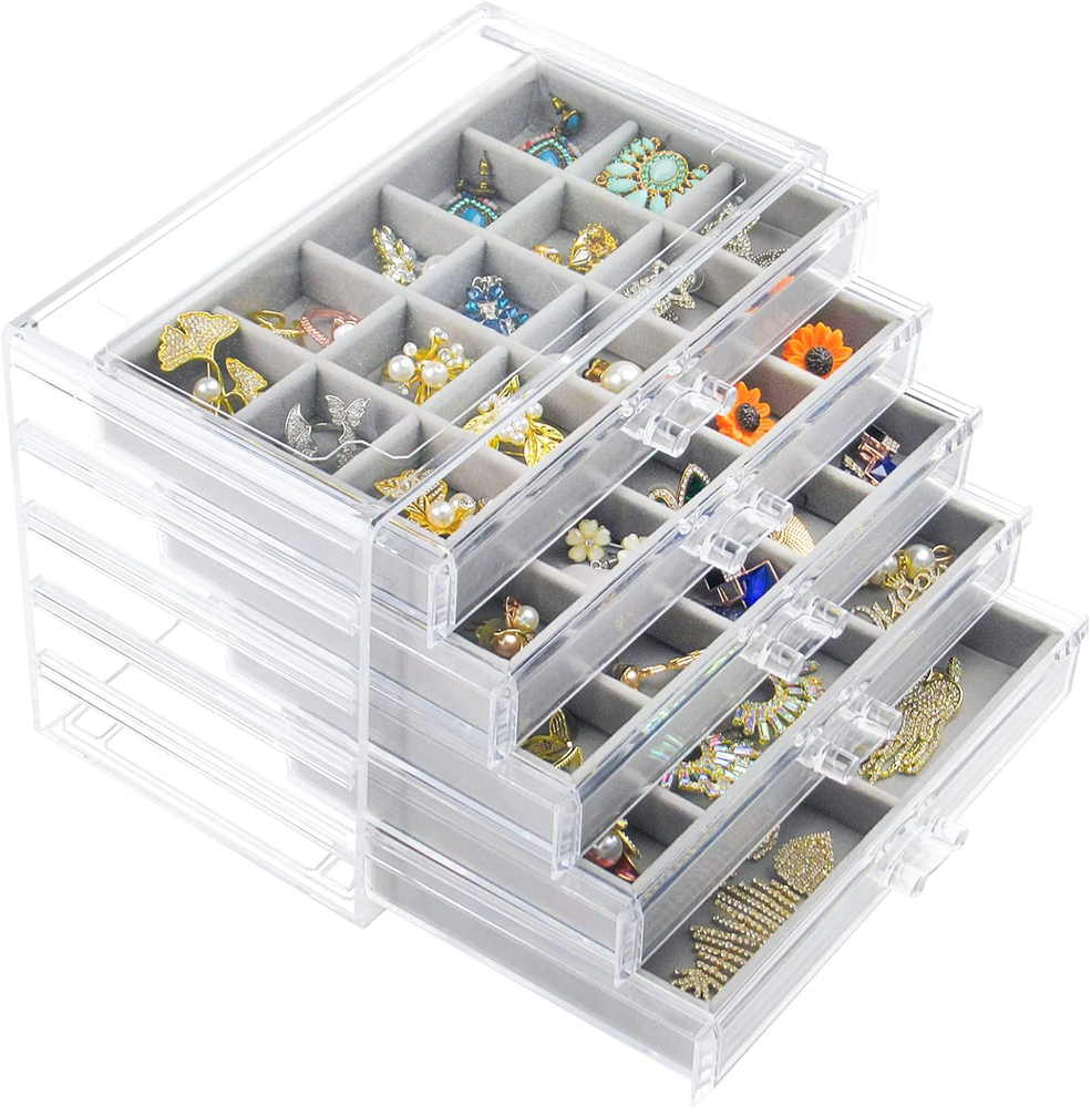 Acrylic Jewelry Box with 5 Drawers, Clear Earring Storage Organizer Display Case