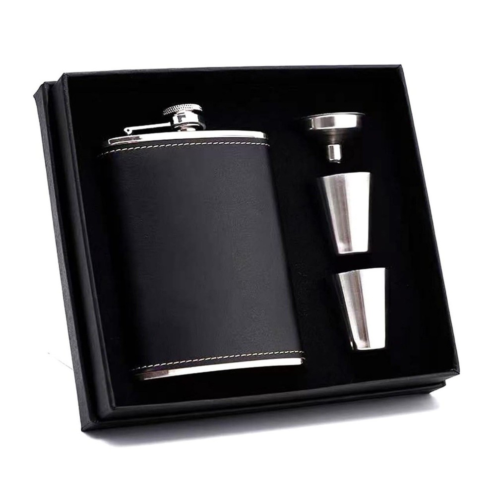 Hip Flasks for Liquor 8 Oz Gifts Set, Stainless Steel Drinking Flasks Black Leat
