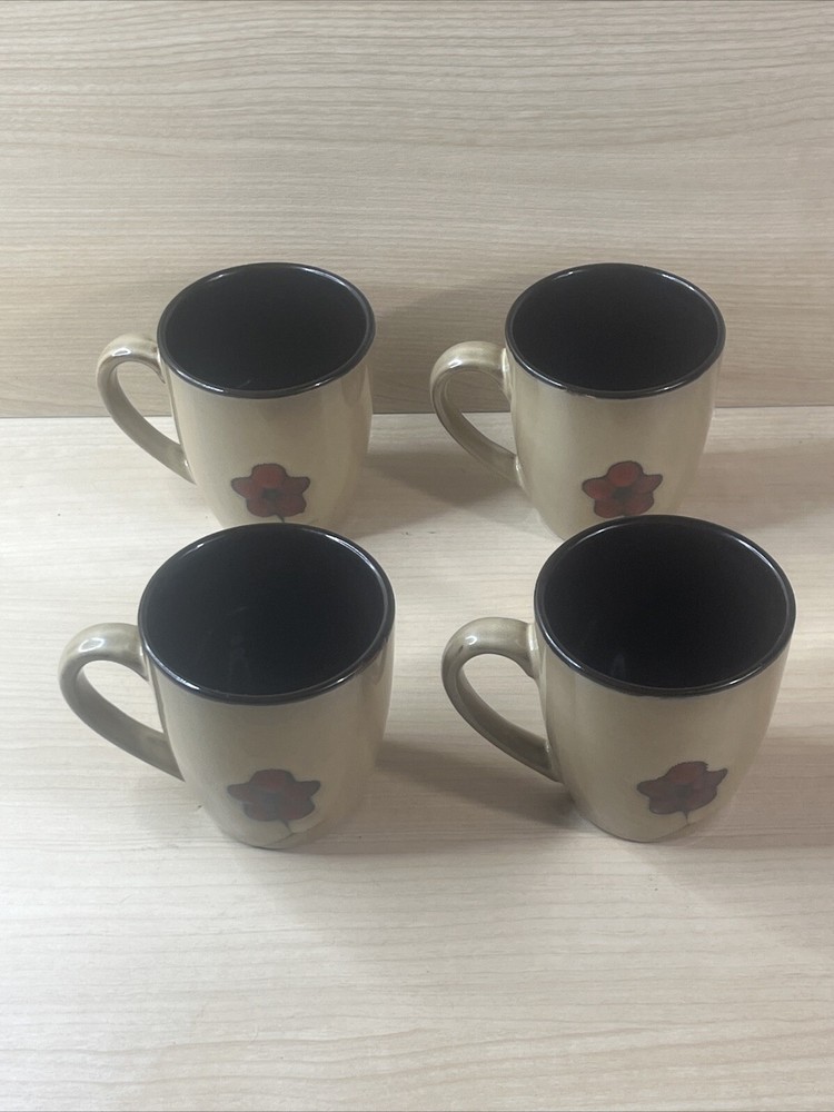 Pfaltzgraff ASTER Red Flower Stoneware 4-inch Coffee Mugs in Beige Brown