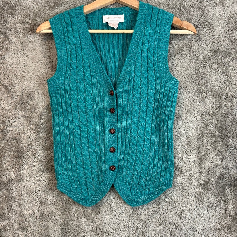 Vintage Misty Dawn Cable Knit Button Cardigan Sweater Vest Teal Green Women S