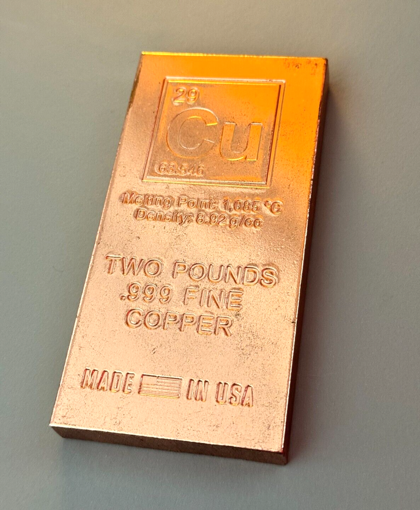 2 Pound lb (32 oz) Element Copper Bullion Bar .999 ingot